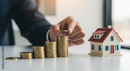 Man stacking coins next to a miniature house representing investment and financial planning for real estate on transparent background