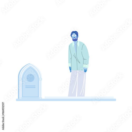 Grieving man visiting gravestone in cemetery remembering deceased person