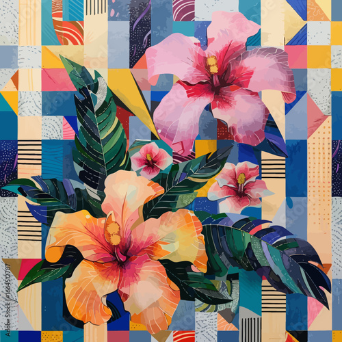 tropical flowers with geometric patterns
