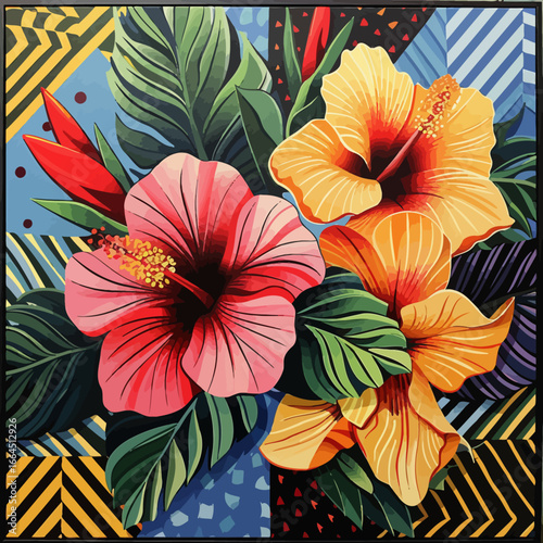 tropical flowers with geometric patterns