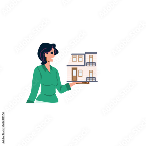 Real estate agent showing a model house, smiling woman presenting new property investment
