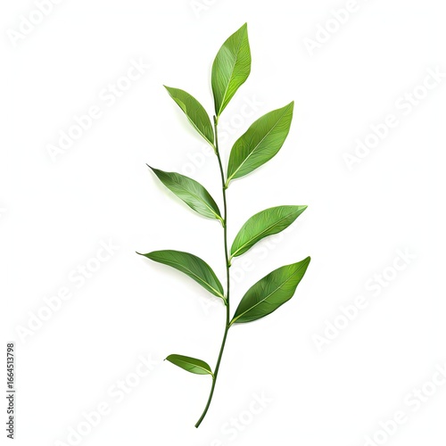 A vibrant green stem with several leaves against a plain white background