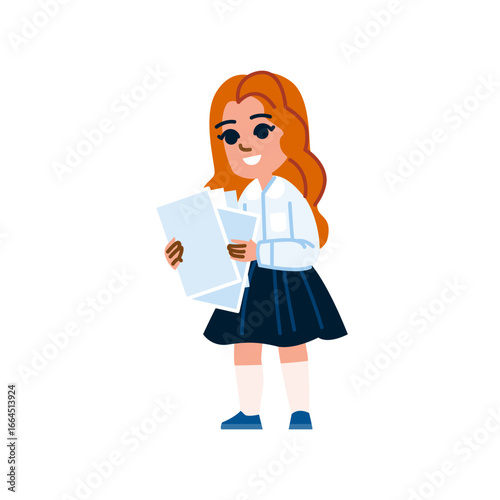 Smiling schoolgirl holding papers and getting ready for class