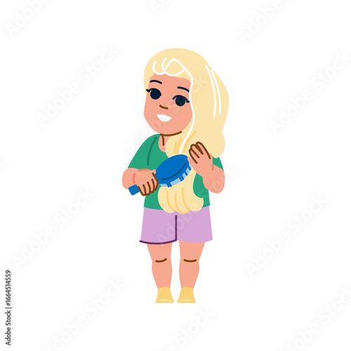 Smiling girl brushing long blond hair with blue brush