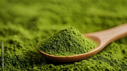 Green powder in wooden spoon on vibrant green background.