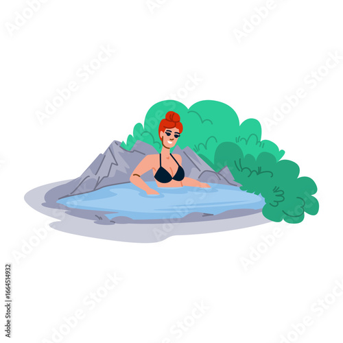 Woman relaxing in hot spring surrounded by rocks and vegetation