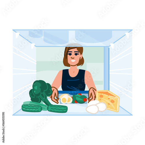 Woman choosing healthy food from refrigerator full of fresh products