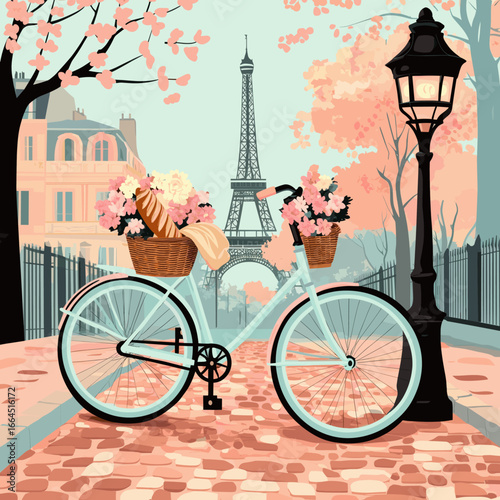 Eiffel Tower View with Floral Bicycle Down a Cobblestone Street