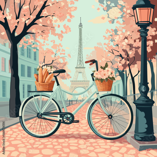 Eiffel Tower View with Floral Bicycle Down a Cobblestone Street