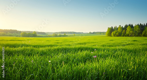 Serene Green Field, Sunlight, Trees, Horizon