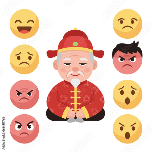 Add personality to your visuals! Relaxed Chinese grandfather cartoon vector with emoticons—happy, sad, angry, surprised—perfect for designers and microstock.