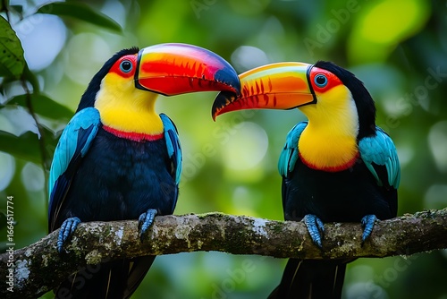 Two toucans with vivid beaks interacting on a tree branch