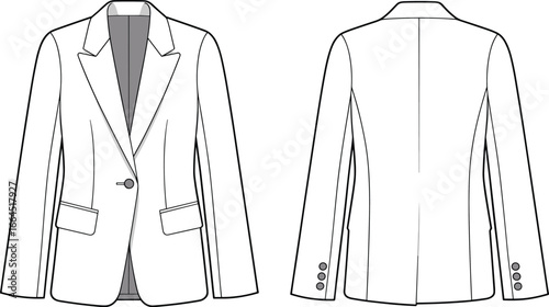 Front and back blazer technical flat sketch, formal jacket fashion design template, tailored coat vector illustration, professional clothing outline for apparel designers, mockup view.