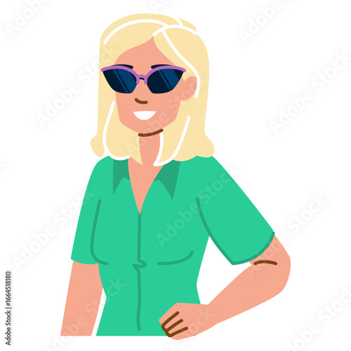 Smiling blonde woman wearing sunglasses and green shirt posing