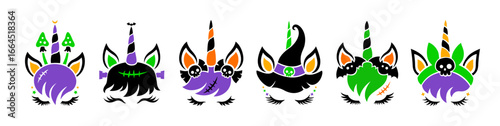 Set of vector unicorn faces for Halloween. Cute animals in a witch hat with skulls, eyelashes. For cutting on a plotter and sublimation, printing on T-shirts and bags. Isolated on a white background.