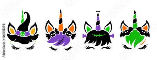 Set of vector unicorn faces for Halloween. Cute animals in a witch hat with skulls, eyelashes. For cutting on a plotter and sublimation, printing on T-shirts and bags. Isolated on a white background.