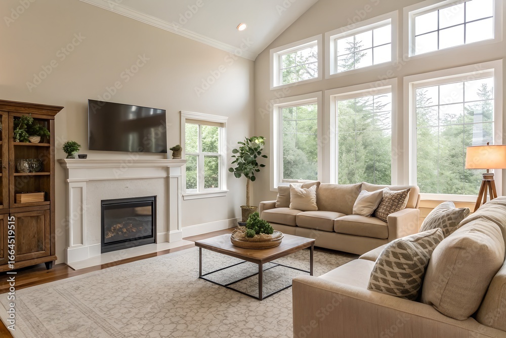 Fototapeta premium Bright and Airy Living Room with Beige Sofa and Fireplace