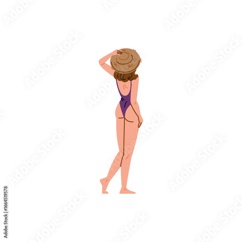 Woman in swimsuit and straw hat enjoying summer vacation