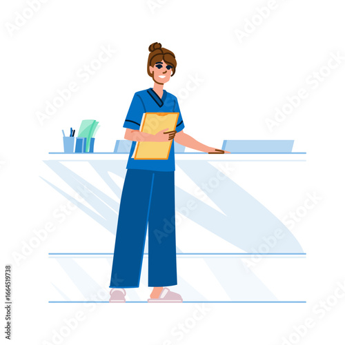 Nurse holding patient's medical history at hospital reception desk