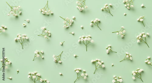 Pastel Green Background with Small White Flowers Flat Lay