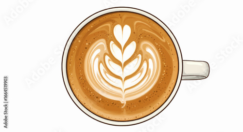 Elegant Latte Art A Top-Down View of Coffee Cup with Delicate Milk Pattern Design