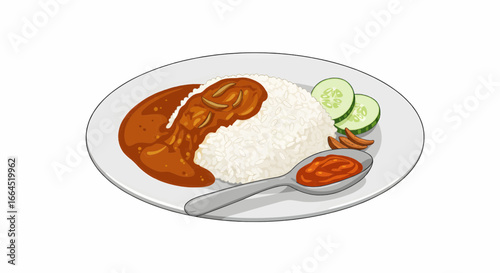 Classic Nasi Lemak Illustration Featuring Aromatic Coconut Rice, Rich Sambal, and Refreshing Cucumber on a Plate