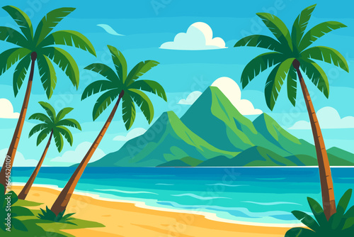 Tropical beach landscape with palm trees and mountains. Paradise island scene with ocean waves on a sandy shore. Summer vacation travel background. Vector cartoon illustration.