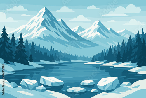 Winter landscape with snow-capped mountains, pine forest and a frozen river. Scenic nature background with ice blocks on the shore. Travel and tourism vector illustration concept.