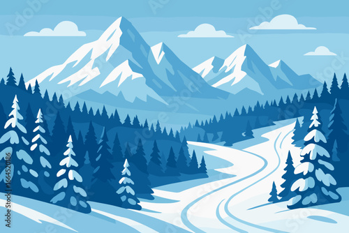 Winter mountain landscape vector illustration. Snow covered peaks, pine forest and winding ski slope. Blue scenery for Christmas or New Year. Concept for travel, nature and season.