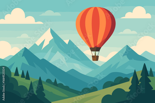 Hot air balloon flying over mountains. Scenic mountain landscape with forest and valley. Travel adventure journey concept. Tourism and exploration background. Flat vector illustration.