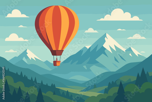 Hot air balloon flying over a scenic mountain landscape. Adventure travel concept. Modern flat cartoon vector illustration for tourism, exploration, and freedom themes.