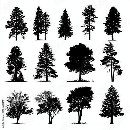 Silhouette Collection of Various Trees , isolated on white background png