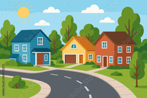 Suburban landscape with cute cartoon houses. Quiet neighborhood street with trees, lawns, road. Concept for real estate, property, residential living, town, village life. Vector.