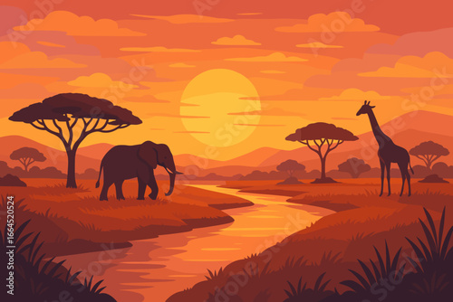 African savanna landscape at sunset with elephant and giraffe silhouette. Vector illustration of safari wildlife near river. Beautiful nature background for travel and tourism.