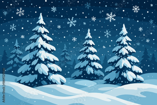 Christmas winter night landscape with fir trees and snowdrifts. Snowy forest scene with falling snowflakes. Winter wonderland background. Modern flat cartoon vector illustration.
