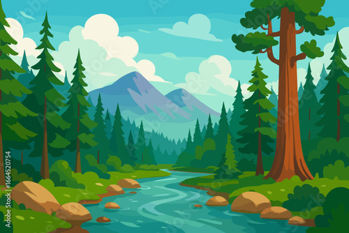 Beautiful forest landscape with river and mountains. Wild nature scenery. Concept travel, hiking, wilderness. Pine, fir, sequoia trees. Water stream. Flat cartoon vector background.