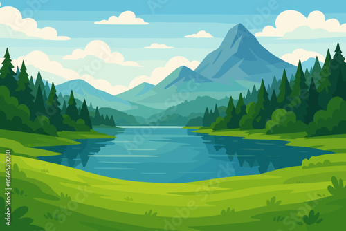 Mountain lake landscape vector background. Summer nature scenery with forest, green hills, blue sky. Flat cartoon illustration for travel, tourism, hiking, ecology concept.