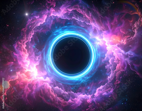 An abstract space background of a glowing black hole or futuristic portal in a purple and pink galaxy. A science fiction concept of a cosmic vortex or wormhole. Generative AI