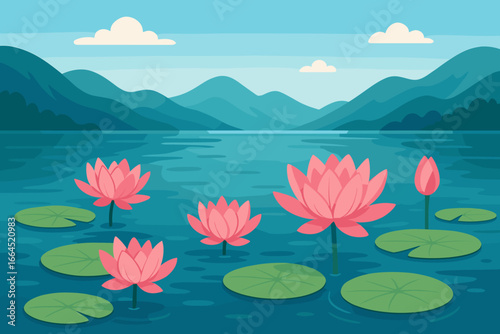 Beautiful blooming pink lotus flowers on calm water. Serene mountain lake landscape. Vector background for spa, meditation, travel, and wellness. Flat cartoon nature illustration.
