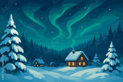 Vector illustration winter night landscape with cozy cabin in snowy forest. Beautiful aurora borealis, northern lights, and starry sky. Christmas holiday background concept.