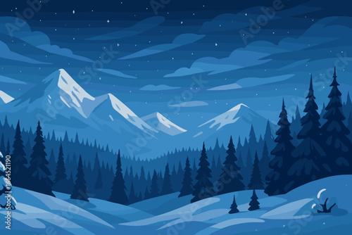 Winter night mountain landscape vector background. Panoramic snowy forest scene with pine trees, snowdrifts, and a beautiful starry sky. Nature illustration for banner or wallpaper.