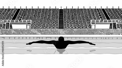 Swimmer in butterfly stroke in an outdoor pool with stadium seating in the background in black and white silhouette