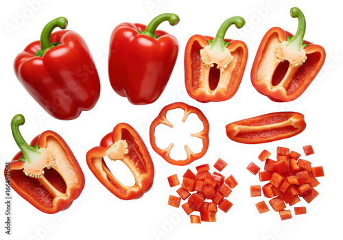 Meticulously arranged vibrant red bell peppers, whole, halved, sliced, and diced, with green stems on a transparent background, studio flat lay, promoting healthy food concept