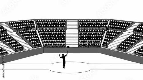 Illustration of a volleyball player in an arena with tiered seating and a minimalistic black and white design silhouette