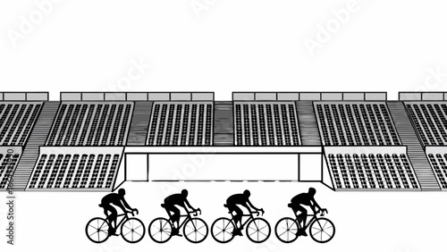 Cyclists racing in front of a grandstand with rows of seating in a black and white illustration style silhouette