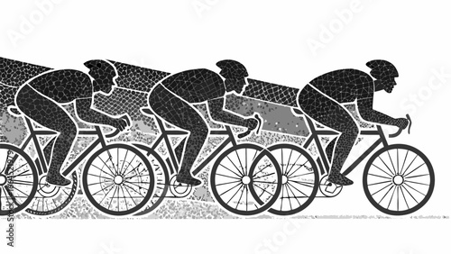 Three cyclists in a race depicted with a mosaic pattern against a white background in monochrome style silhouette