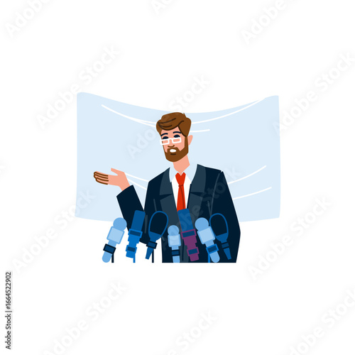 Politician giving speech at press conference with microphones
