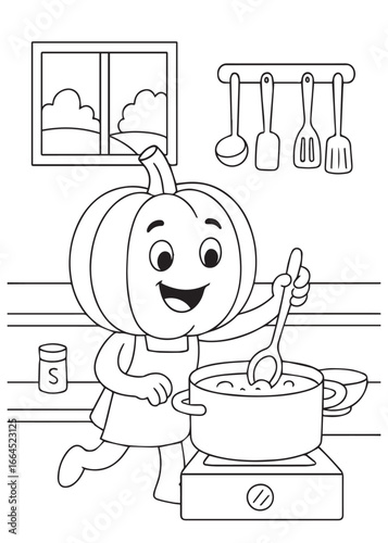 coloring book pumpkin cooking in the kitchen.