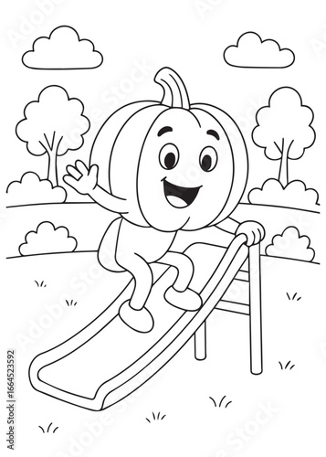 coloring book pumpkin sliding down a playground slide.