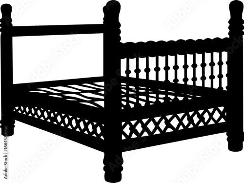 A clean vector outline of a handwoven rope bed, shown in a slightly tilted three-quarter perspective. Minimal details, only the thick rounded posts and criss-cross weaving pattern, silhouette on white